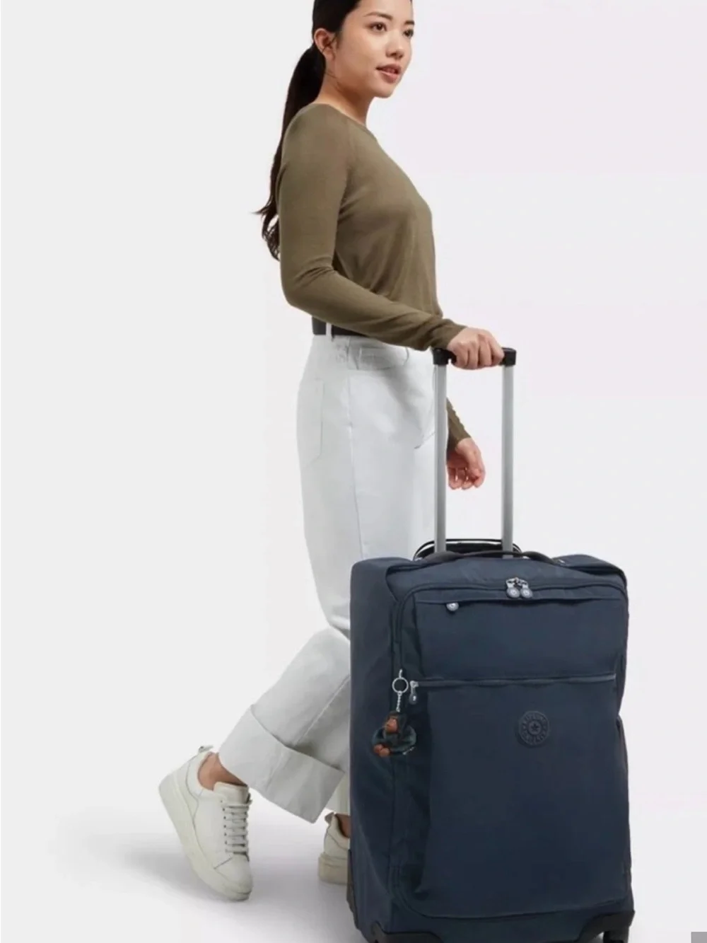 Kipling Dark Navy Upright Rolling Suitcase with Monkey Charm